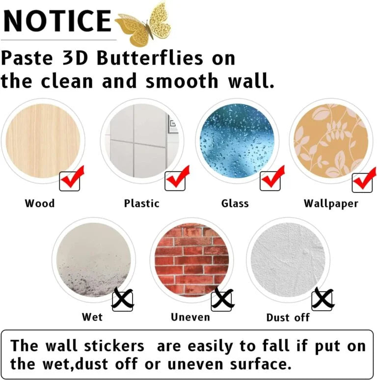 Butterfly Stickers - 3D Multi Color (Pack of 12) - Golden Overlay