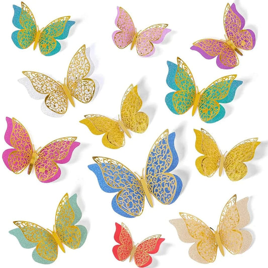 Butterfly Stickers - 3D Multi Color (Pack of 12) - Golden Overlay