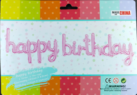 Pink Cursive Happy Birthday Foil Balloon Banner - Jack&Jinn