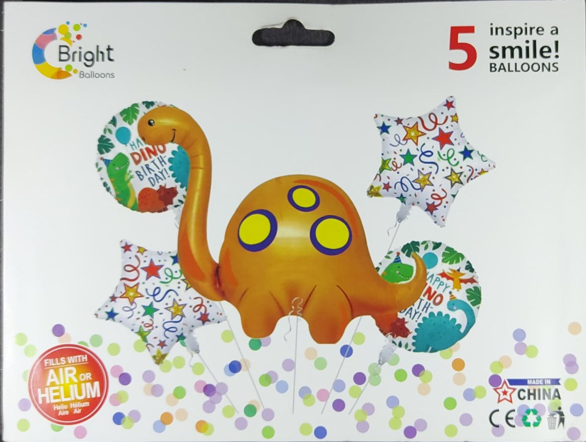 Orange Dinosaur Foil Balloon - 5 Pieces set