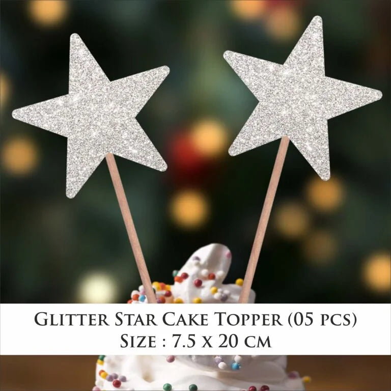 Glitter Silver Star Cup Cake Topper (Pack of 05 pcs)