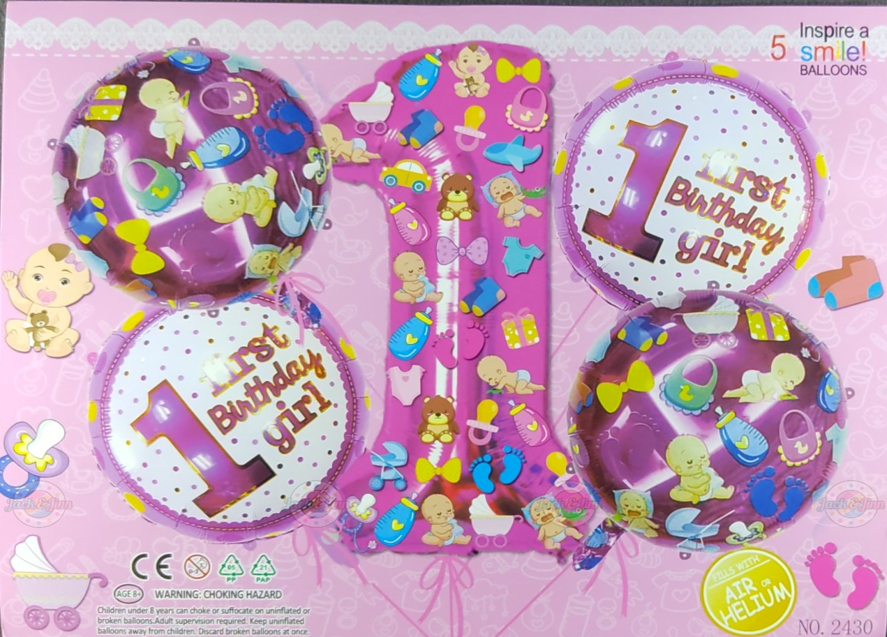 First Birthday Girl Foil Balloon Set - 5 pcs set - Pink - Jack&Jinn