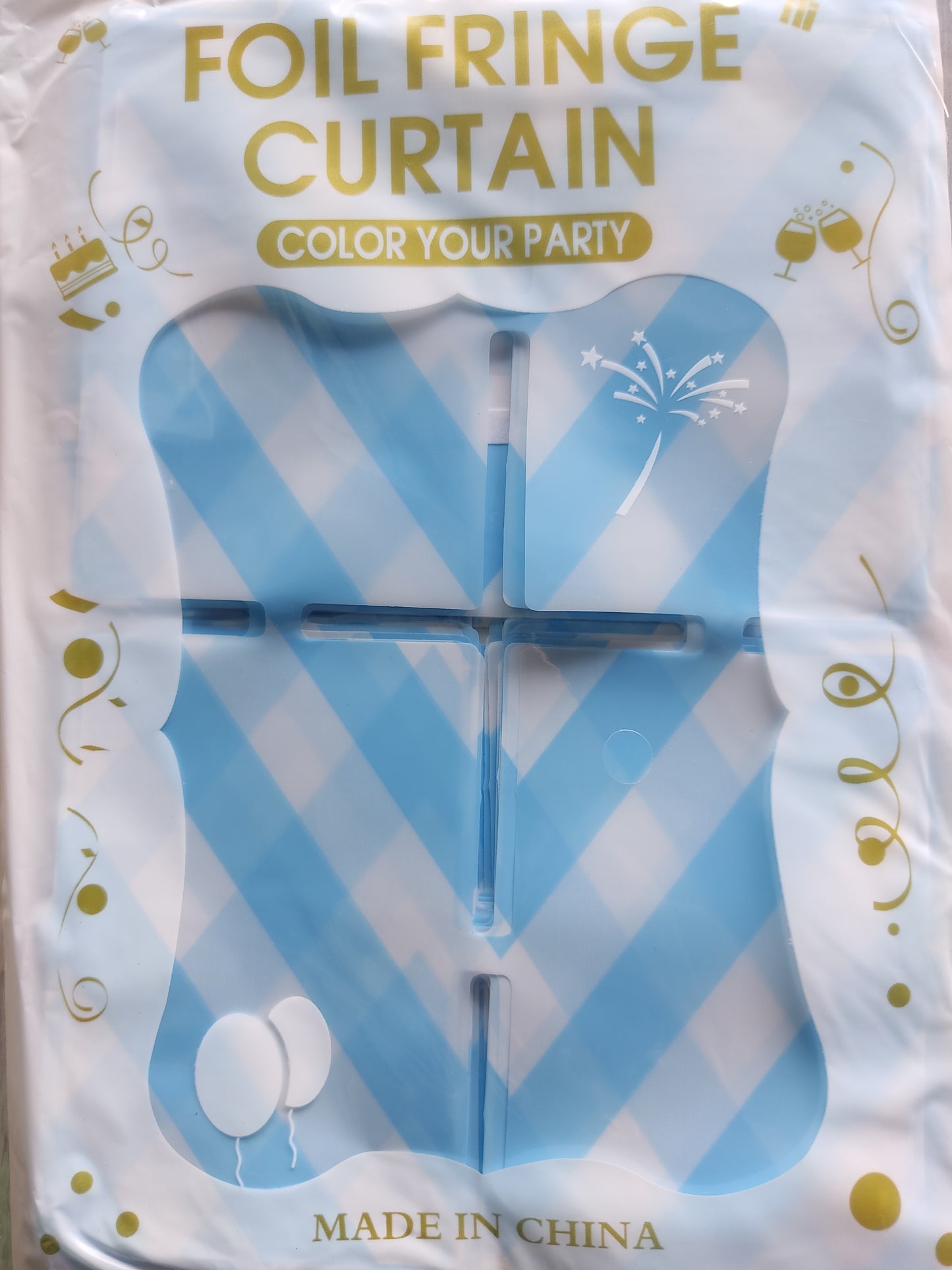 Large Square Foil Curtain backdrop - Pastel Blue Checked for Simple Birthday Decorations at Home