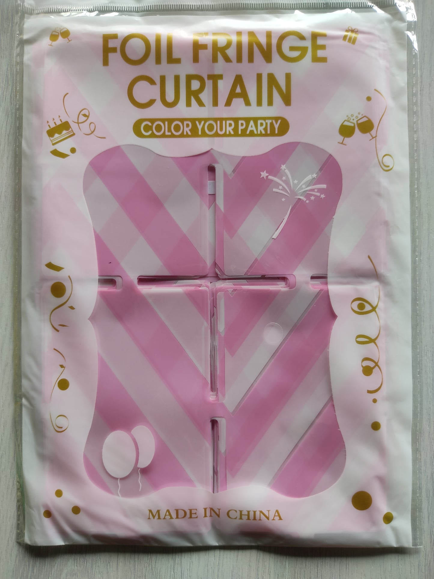 Large Square Foil Curtain backdrop - Pastel Pink Checked for Simple Birthday Decorations at Home