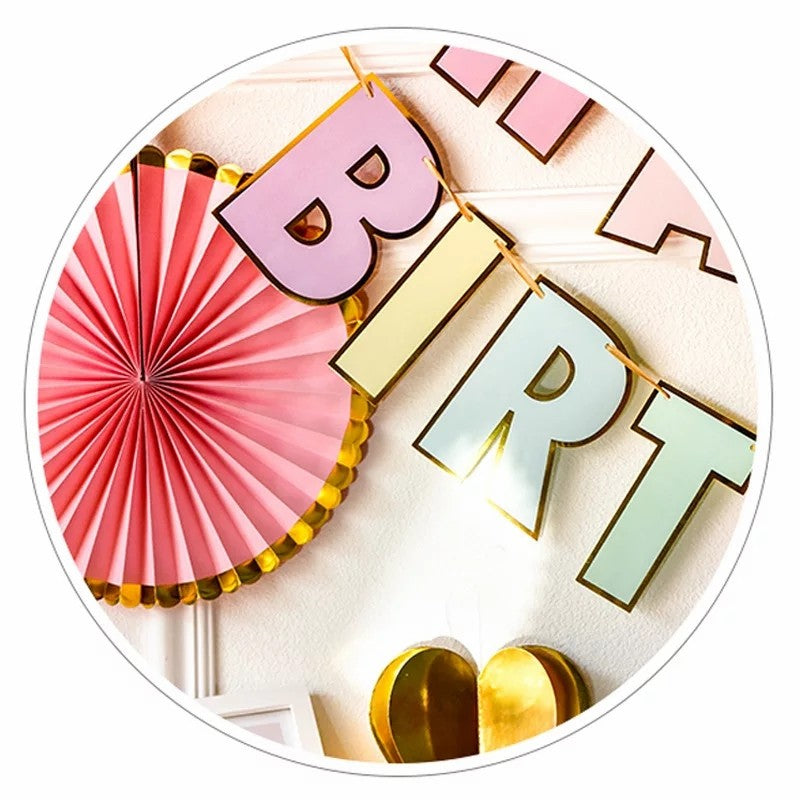Birthday Banner Bunting - Pastel Multi Color Letter Shaped with Gold Border for Simple birthday decorations at Home