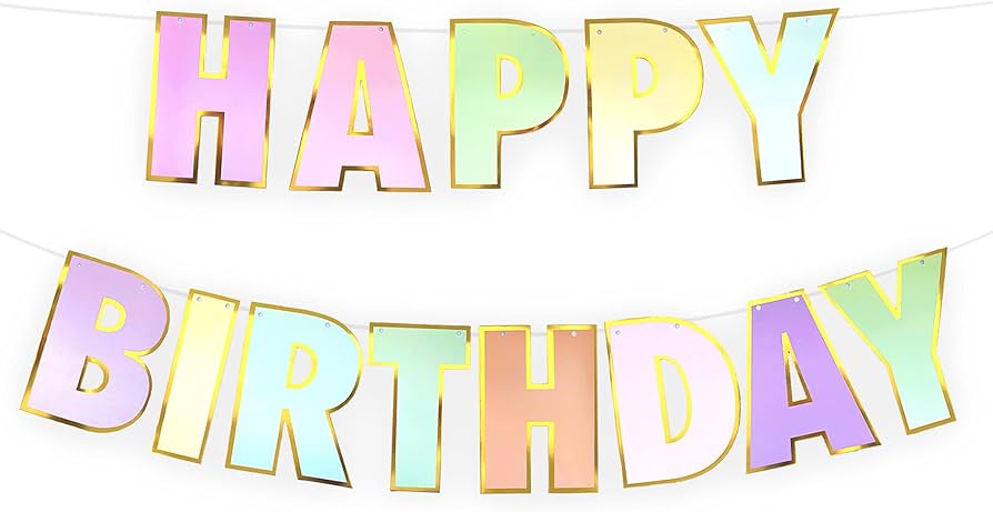 Birthday Banner Bunting - Pastel Multi Color Letter Shaped with Gold Border for Simple birthday decorations at Home