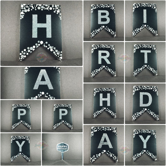Birthday Banner Bunting - Glittery Black with Silver for Simple birthday decorations at Home