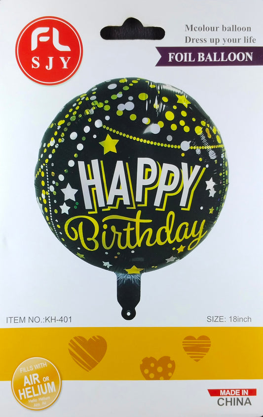 Happy Birthday Printed Foil Balloon Single - Black with Gold Dots