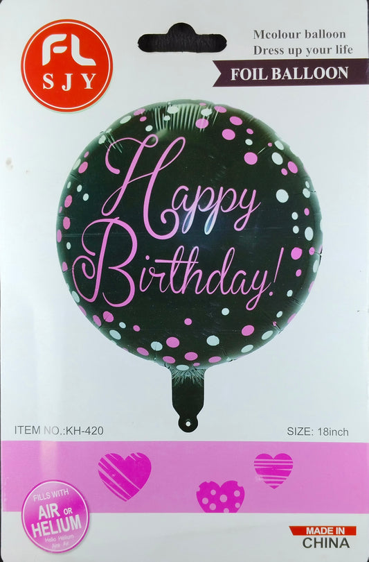 Happy Birthday Printed Foil Balloon Single - Black with Pink Dots