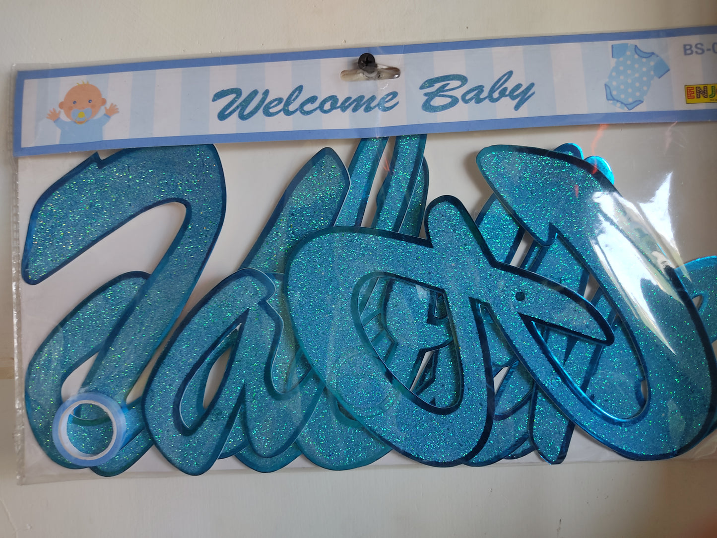Glittering Blue Cursive Welcome Baby Banner