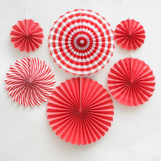 Red Paper Fans for birthday decorations - 6 pieces set