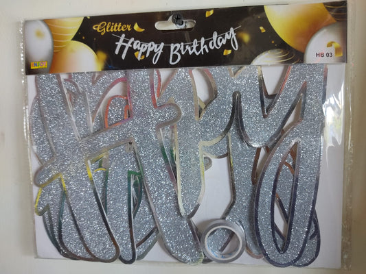 Glittering Silver Cursive "Happy Birthday" Banner