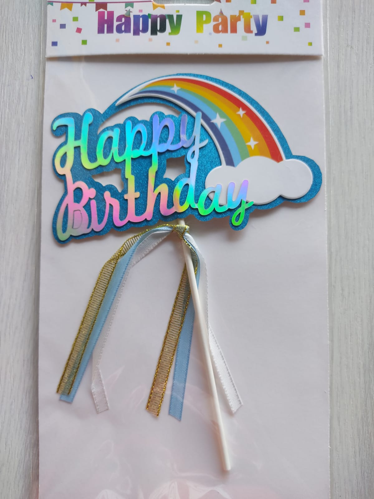 Cake Topper - Happy Birthday - Blue and Rainbow