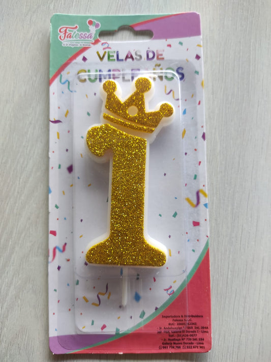First Birthday Candle for birthday decorations - Glittery Gold with Crown