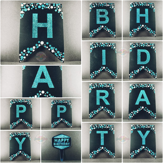 Birthday Banner Bunting - Glittery Black with Blue for Simple birthday decorations at Home