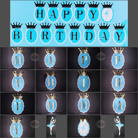 Birthday Banner Bunting - Blue with Gold Crown for Simple birthday decorations at Home