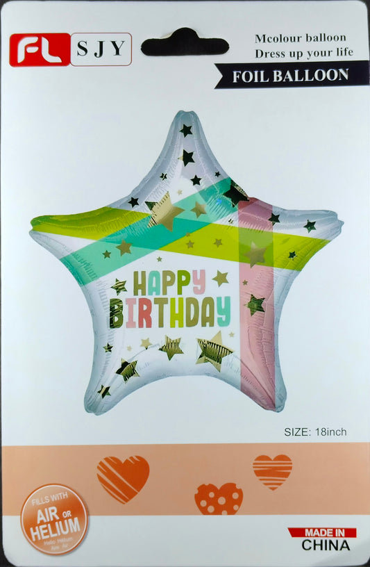 Happy Birthday Printed Foil Balloon Single - Star Shaped