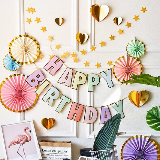 Birthday Banner Bunting - Pastel Multi Color Letter Shaped with Gold Border for Simple birthday decorations at Home