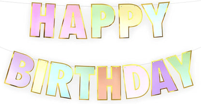 Birthday Banner Bunting - Pastel Multi Color Letter Shaped with Gold Border for Simple birthday decorations at Home