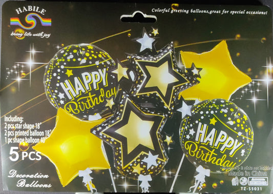 Happy Birthday 5 Pieces Foil Balloon Set - Black and Gold