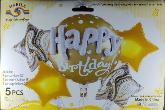 Happy Birthday 5 Pieces Foil Balloon Set - Gold