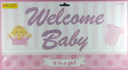 Glittery Pink Cursive Welcome Baby Banner