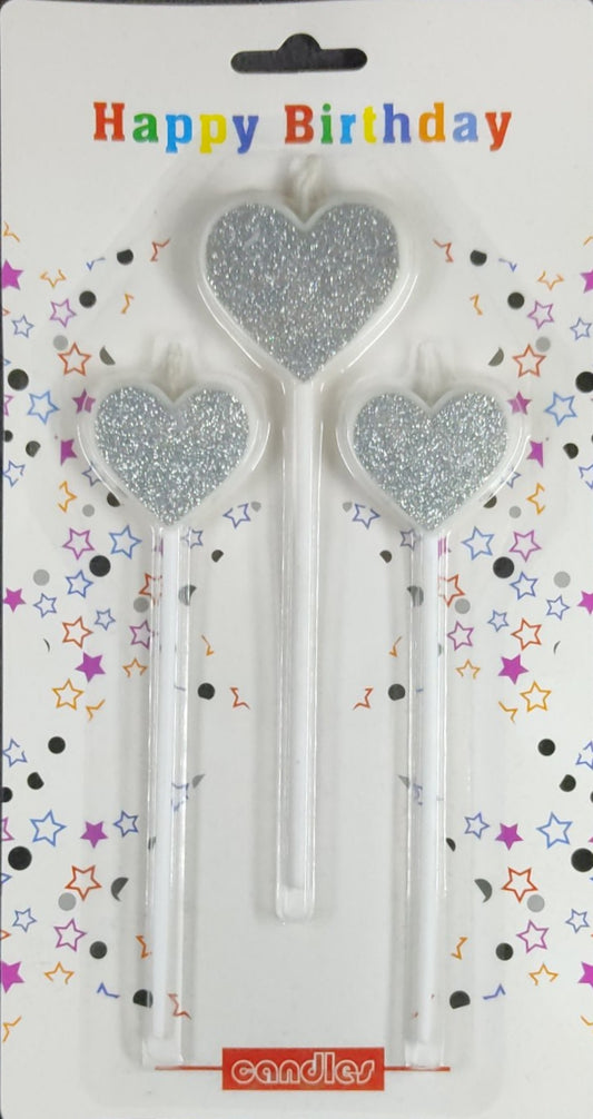 Heart Candles Set - Silver Sparkly